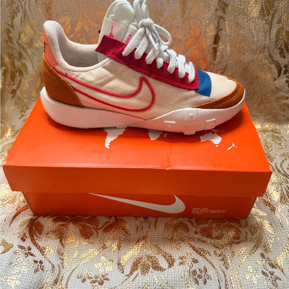 Nike White and Pink Sneakers with Blue and Brown Accents